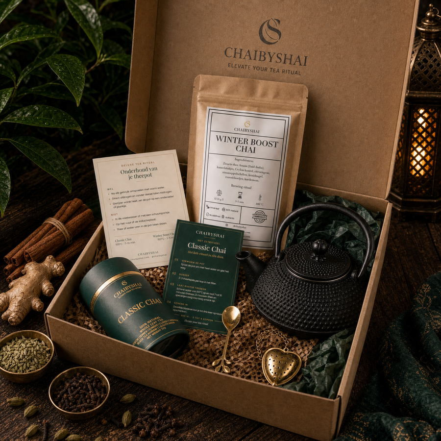 Cadeauset The Chai Ritual Box: gietijzeren theepot met Classic Chai, Winter Boost Chai, thee-infuser en maatlepel