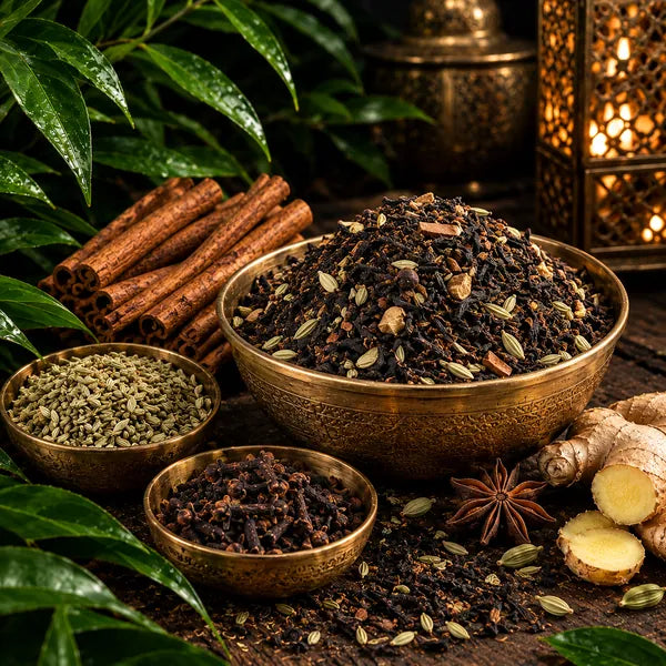 Koperen kommen met CHAIBYSHAI chai, kaneel, kruidnagel, venkel en gember